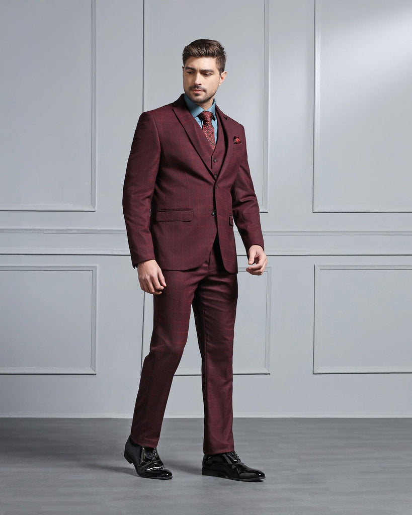 Three Piece Maroon Check Formal Suit - Wester