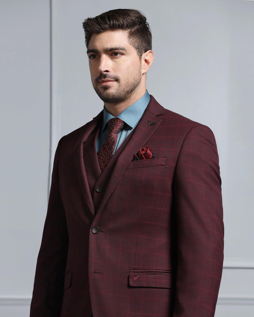 Three Piece Maroon Check Formal Suit - Wester