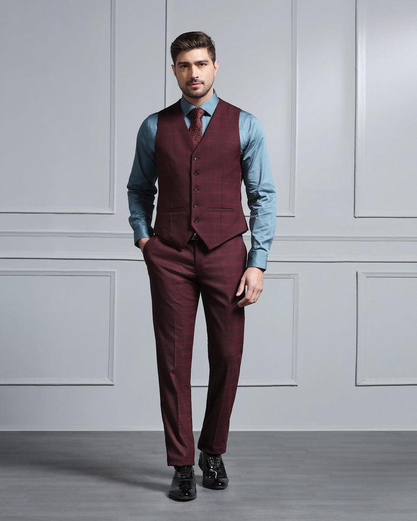 Three Piece Maroon Check Formal Suit - Wester