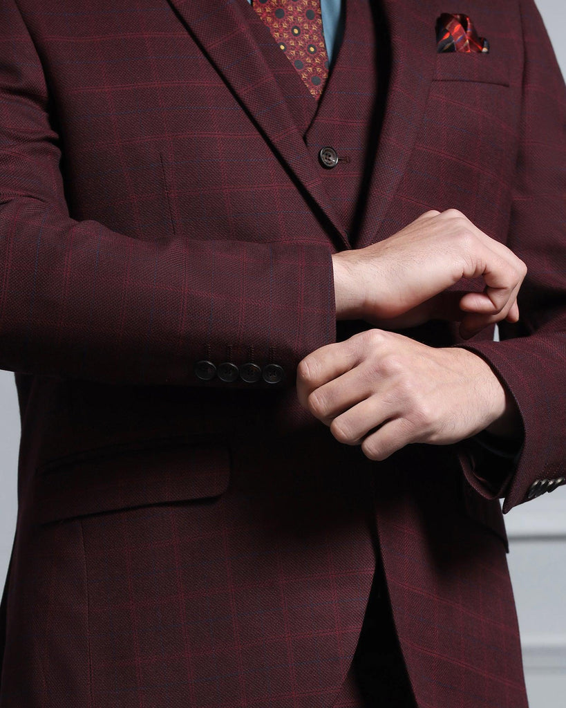 Three Piece Maroon Check Formal Suit - Wester