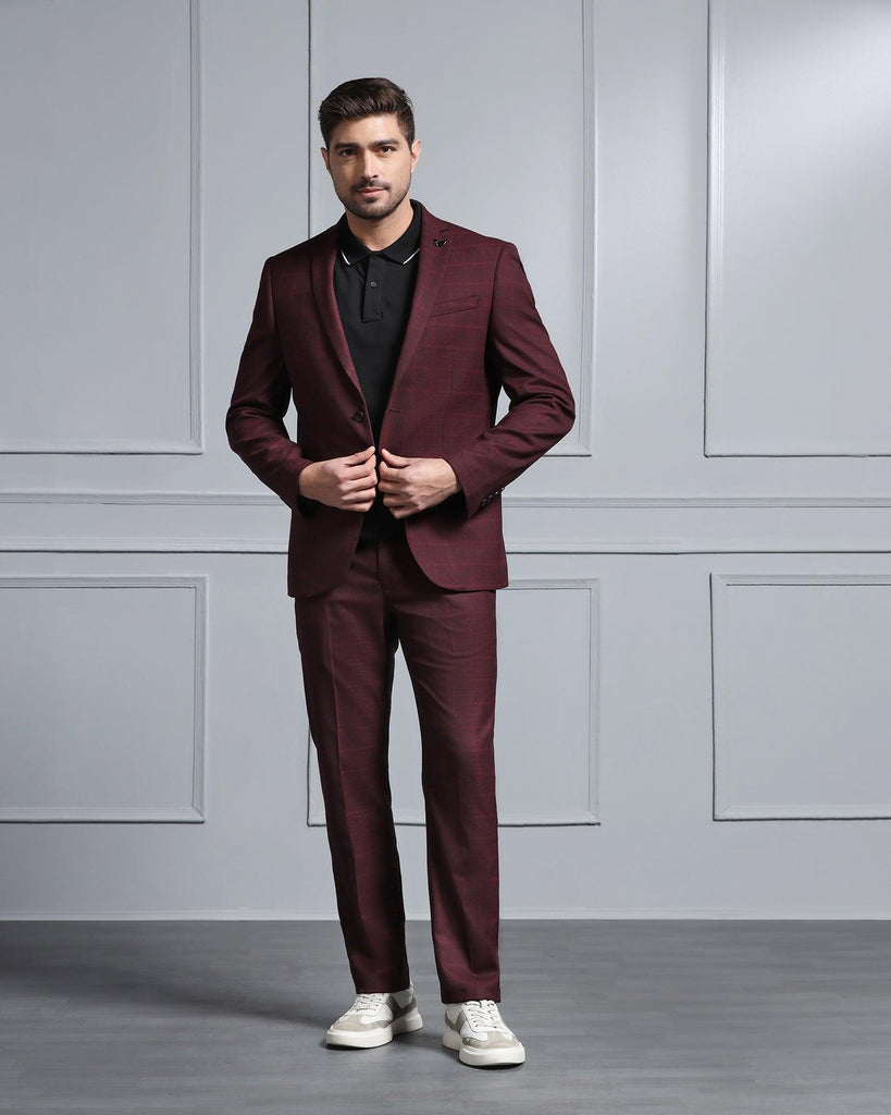 Three Piece Maroon Check Formal Suit - Wester