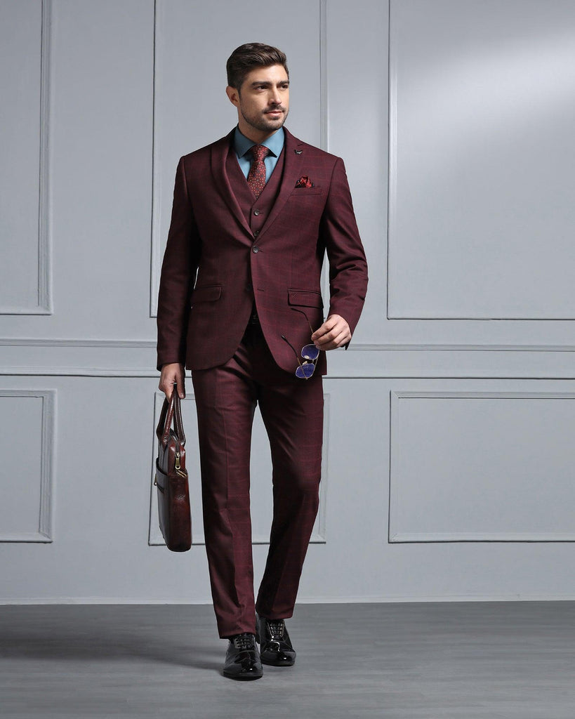 Three Piece Maroon Check Formal Suit - Wester