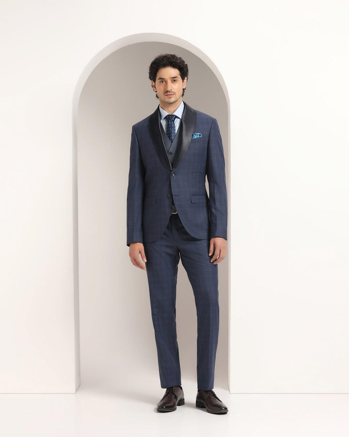 Tuxedo Three Piece Navy Check Formal Suit - Sobey