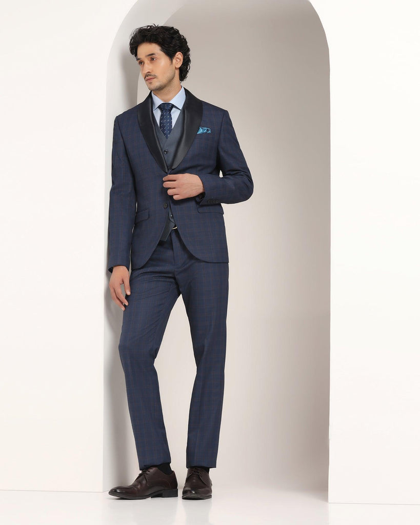 Tuxedo Three Piece Navy Check Formal Suit - Sobey