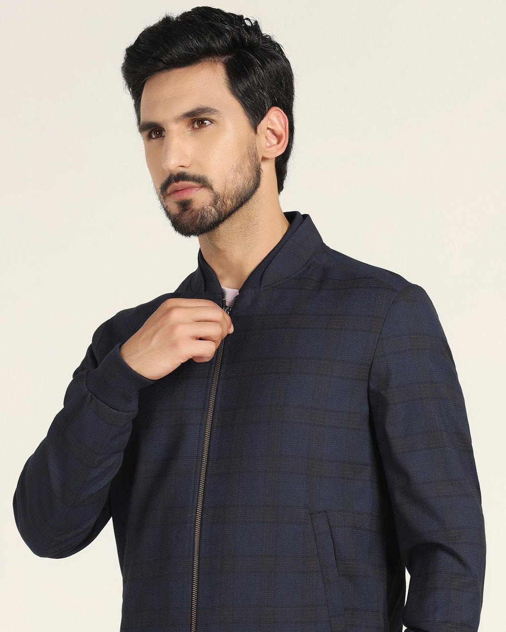 Buy Bomber Navy Check Zipper Jacket from Nadra Collection