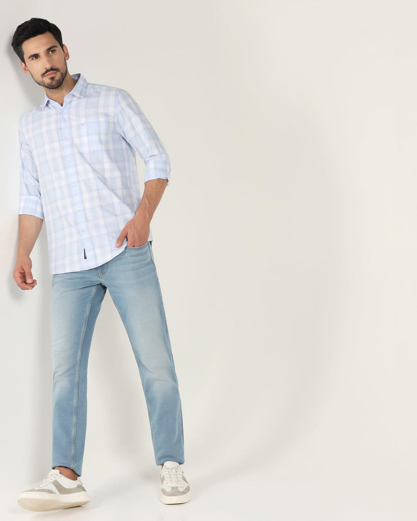 Casual Sky Blue Check Shirt - Stone