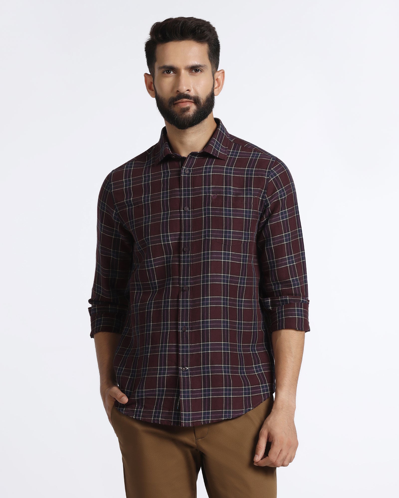 Buy Cherry Lacquer Linen Check Shirt From Madrik Collection
