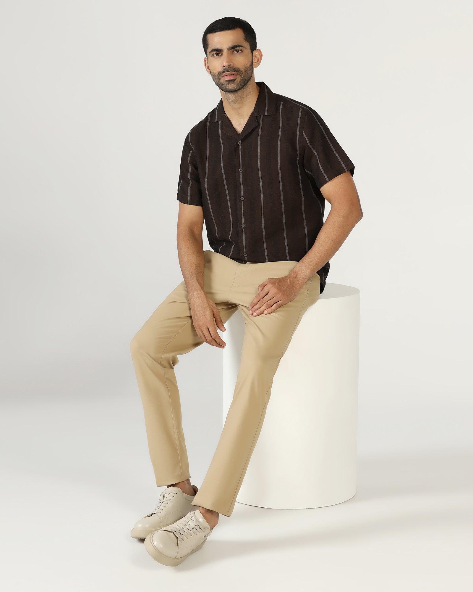 Chocolate Sauce Half Sleeve Linen Stripe Shirt - Ramiro