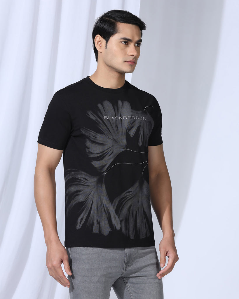 Crew Neck Black Printed T-Shirt - Gingko