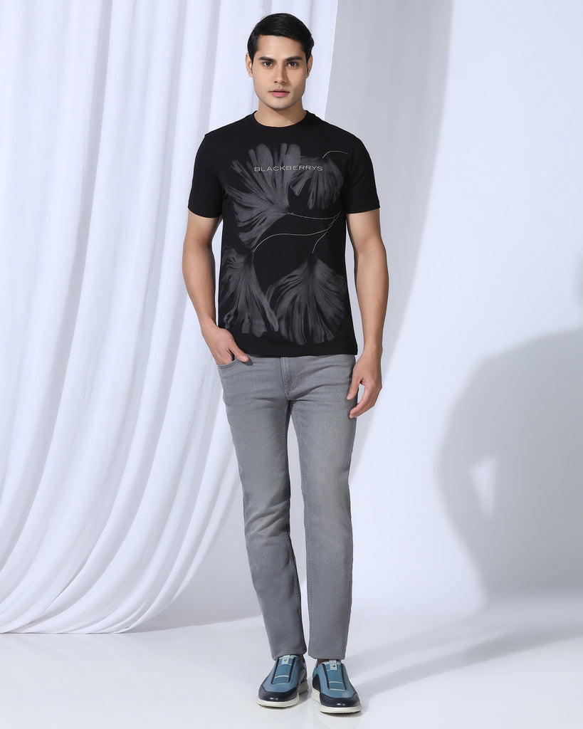 Crew Neck Black Printed T-Shirt - Gingko