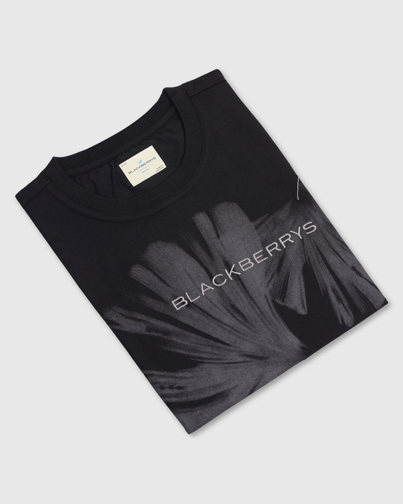 Crew Neck Black Printed T-Shirt - Gingko