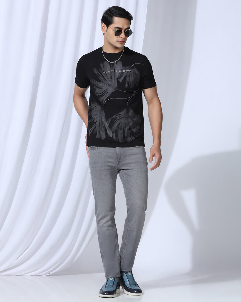 Crew Neck Black Printed T-Shirt - Gingko