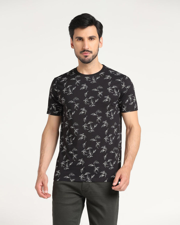 Crew Neck Black Printed T-Shirt - Kiwi