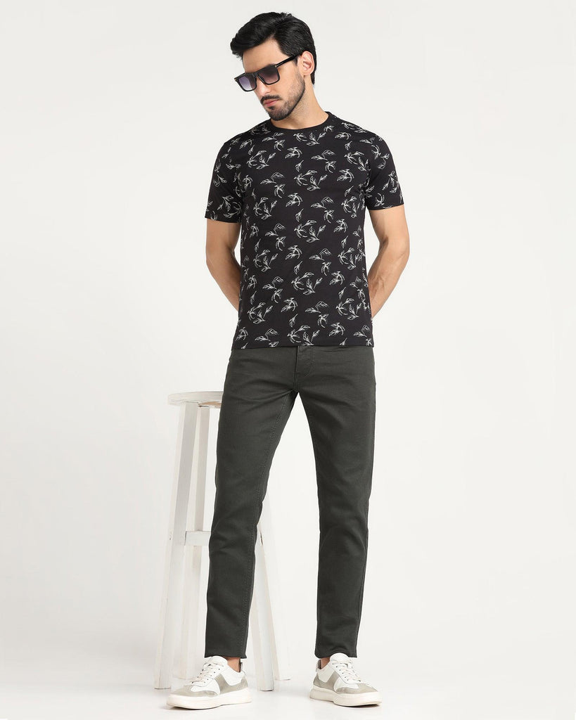 Crew Neck Black Printed T-Shirt - Kiwi