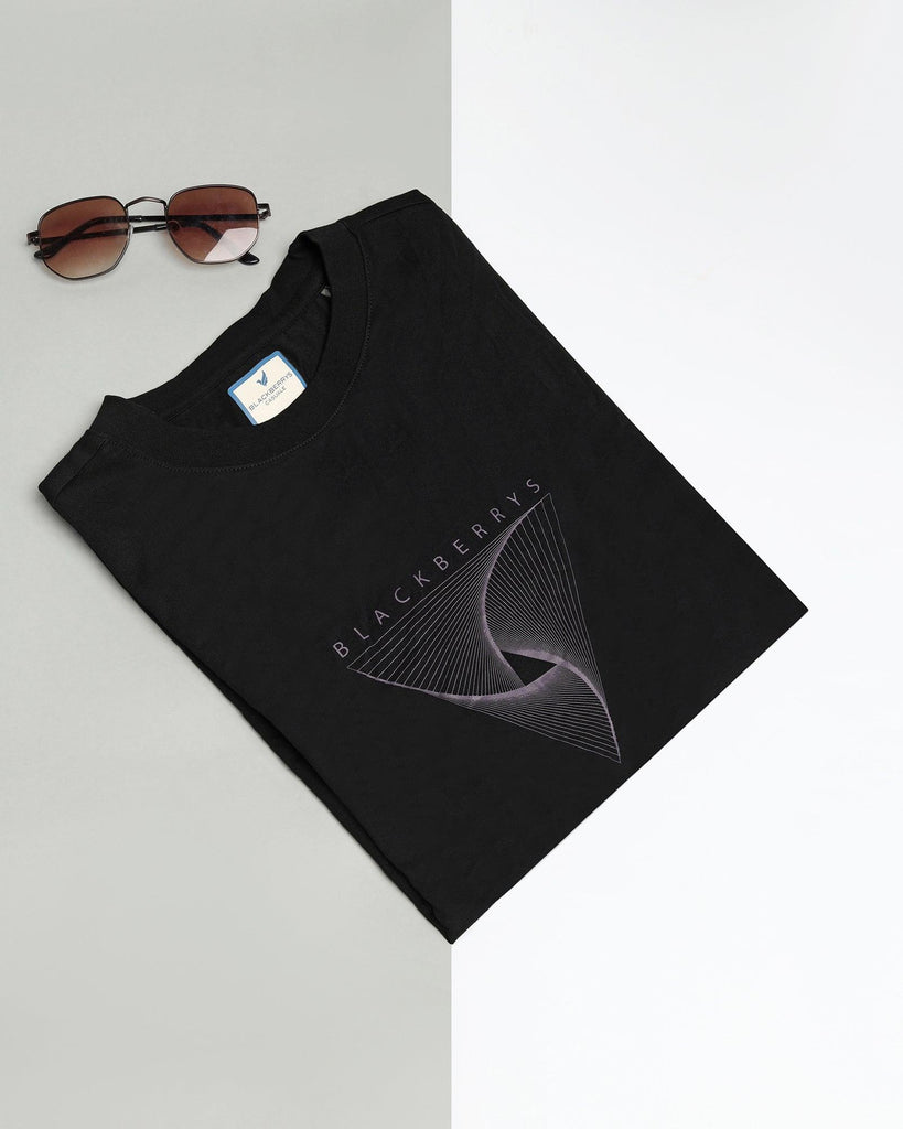 Crew Neck Black Solid T-Shirt - Waffle