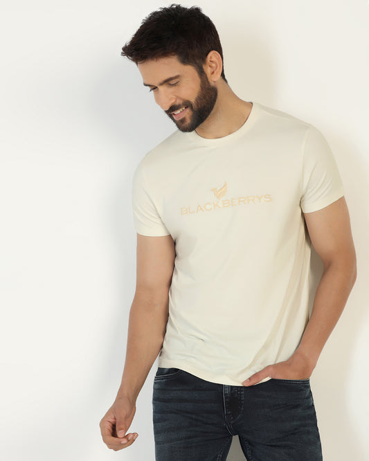 Crew Neck Off White Solid T-Shirt - Phoenix