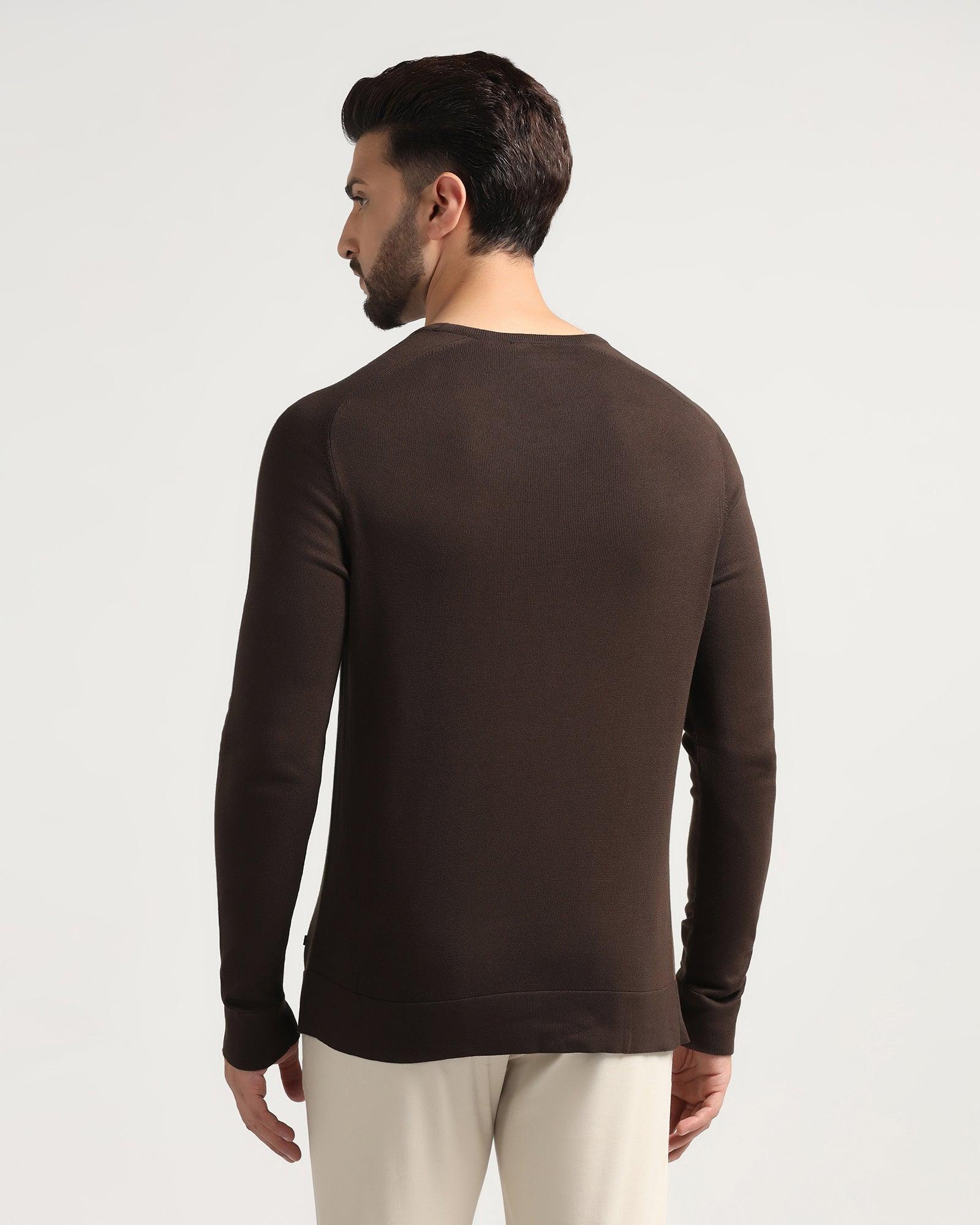 Crew Neck Brown Solid Sweater - Joseph