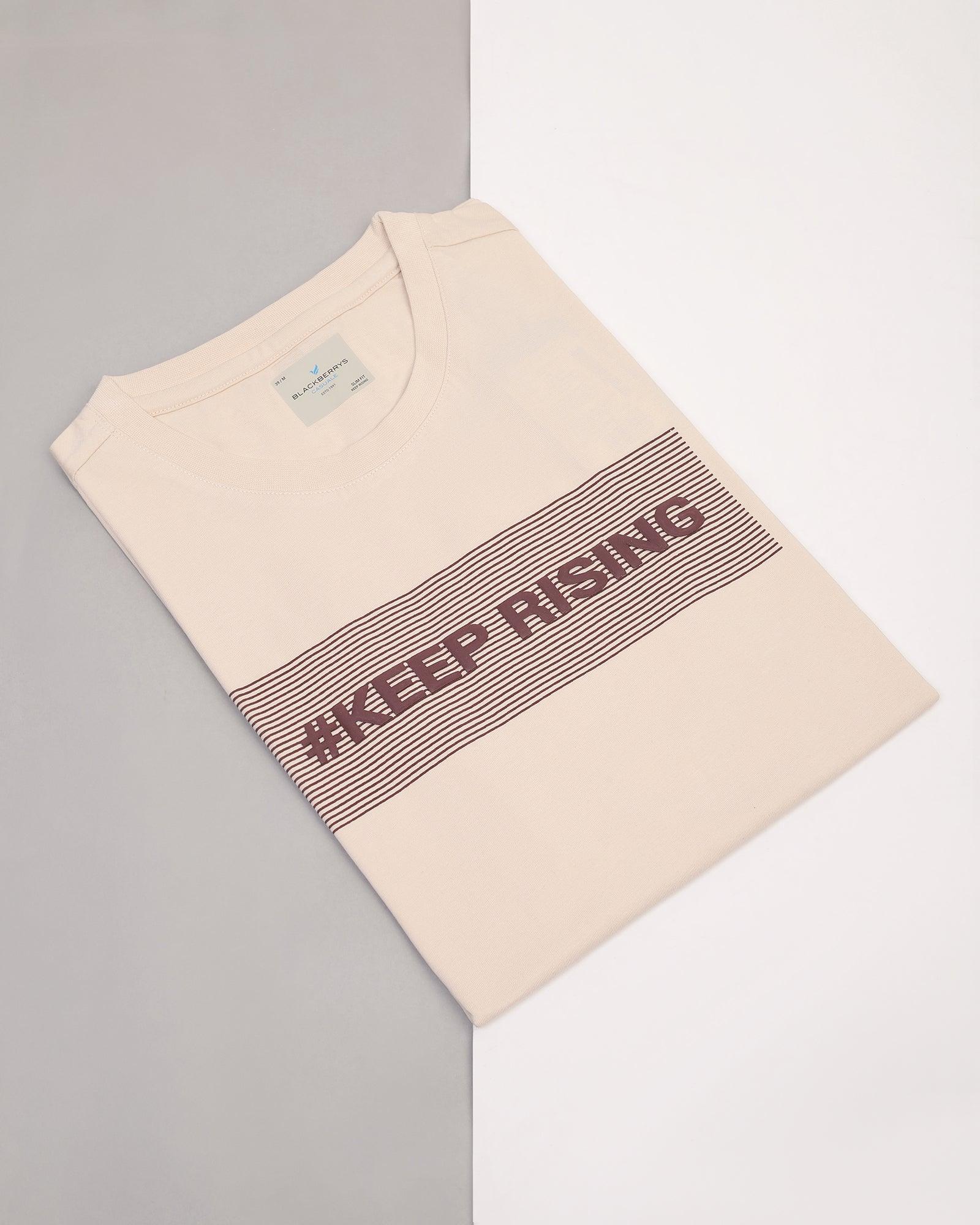 Crew Neck Beige Printed T-Shirt - Bouque - Blackberrys