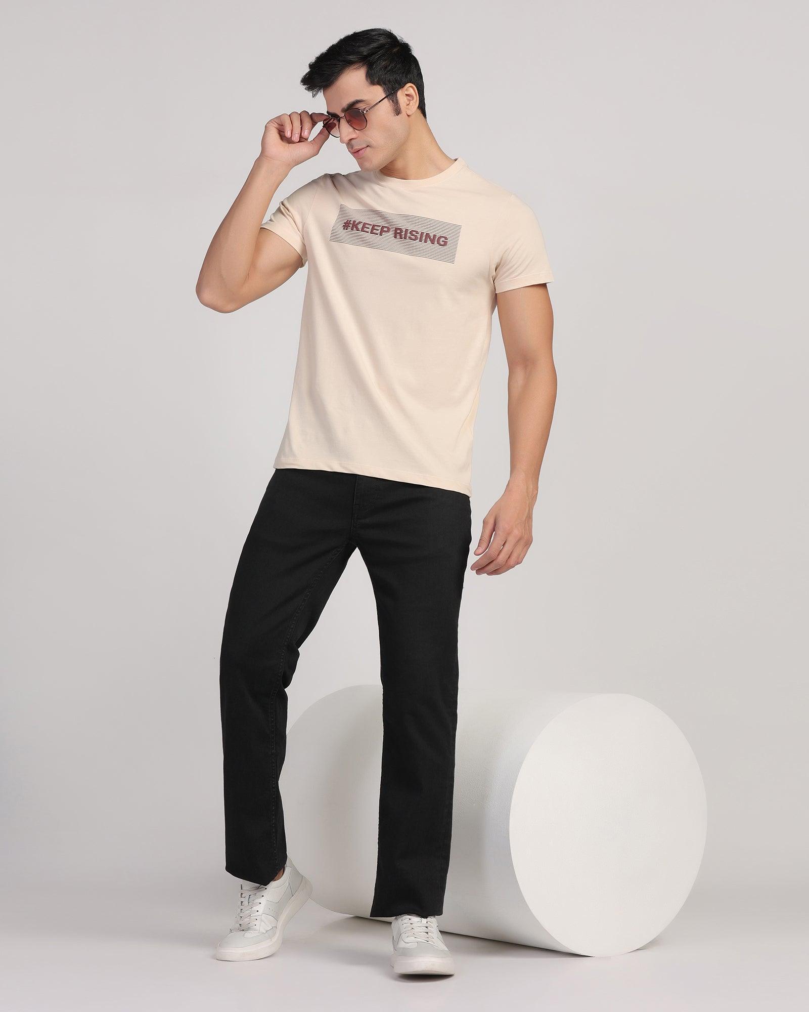 Crew Neck Beige Printed T-Shirt - Bouque - Blackberrys
