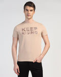 Crew Neck Beige Printed T-Shirt - Eline