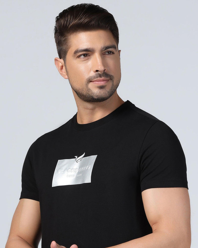 Crew Neck Black Printed T-Shirt - Foil