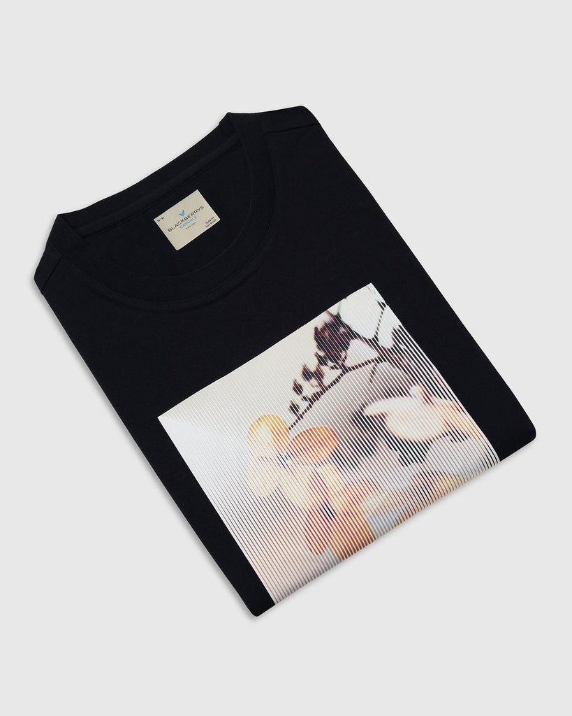 Crew Neck Black Printed T-Shirt - Moses