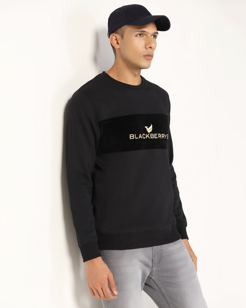 Crew Neck Black Solid Sweatshirt - Feb