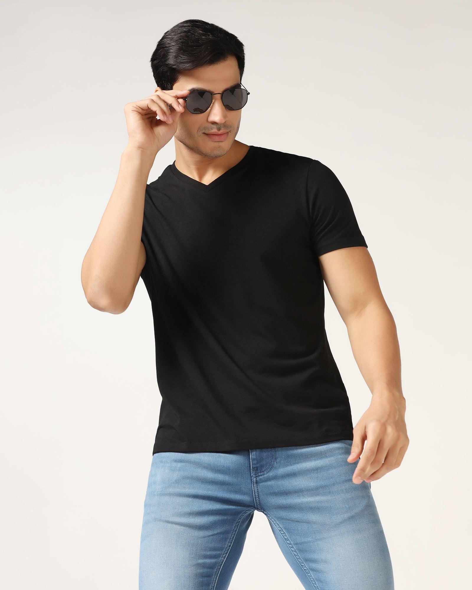 V Neck Black Solid T Shirt Koi