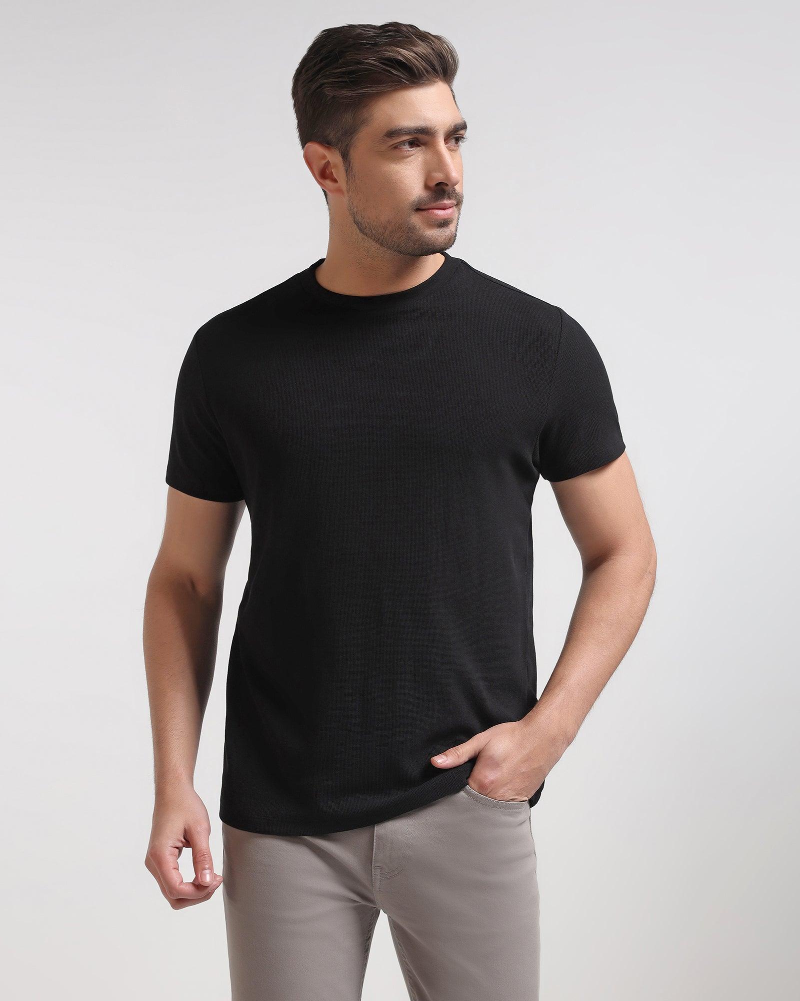 Crew Neck Black Textured T-shirt - Dae