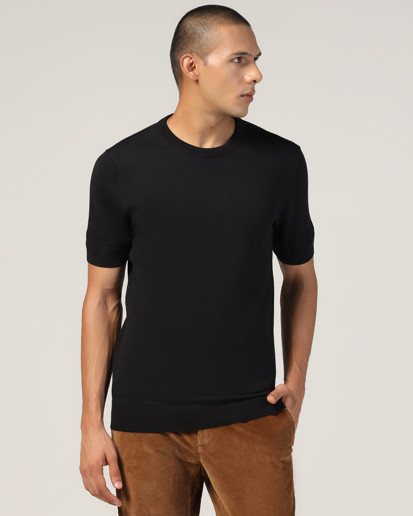 Crew Neck Black Yarn Dyed T-Shirt - Miya