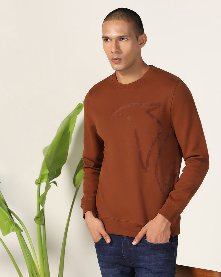 Crew Neck Brown Solid Sweatshirt - Dos