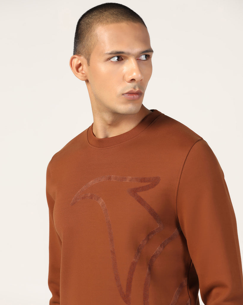 Crew Neck Brown Solid Sweatshirt - Dos