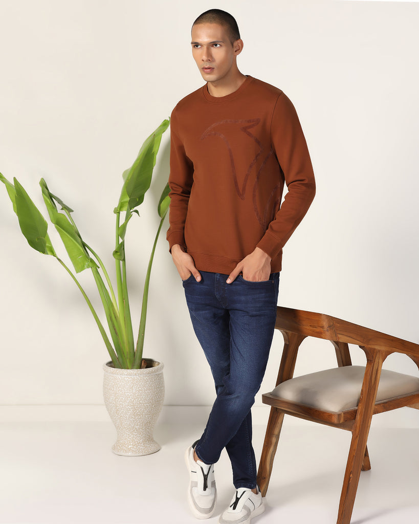 Crew Neck Brown Solid Sweatshirt - Dos