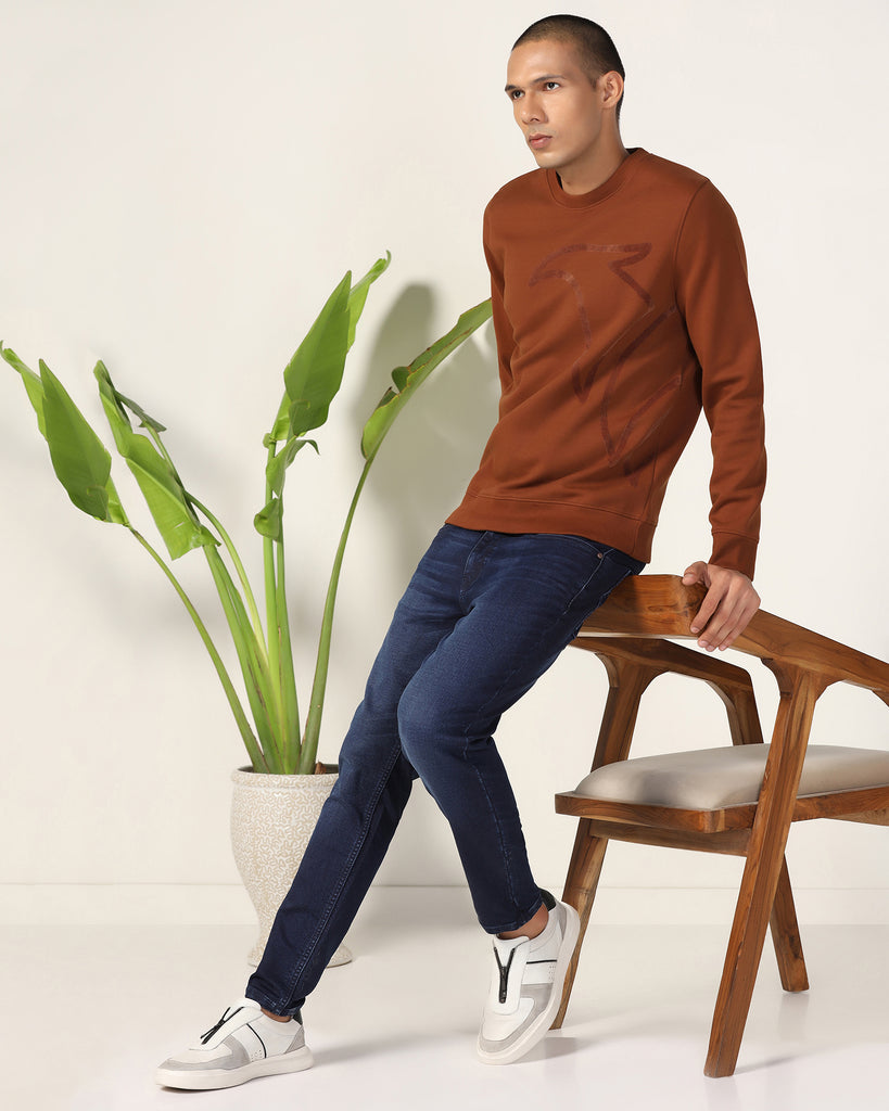 Crew Neck Brown Solid Sweatshirt - Dos