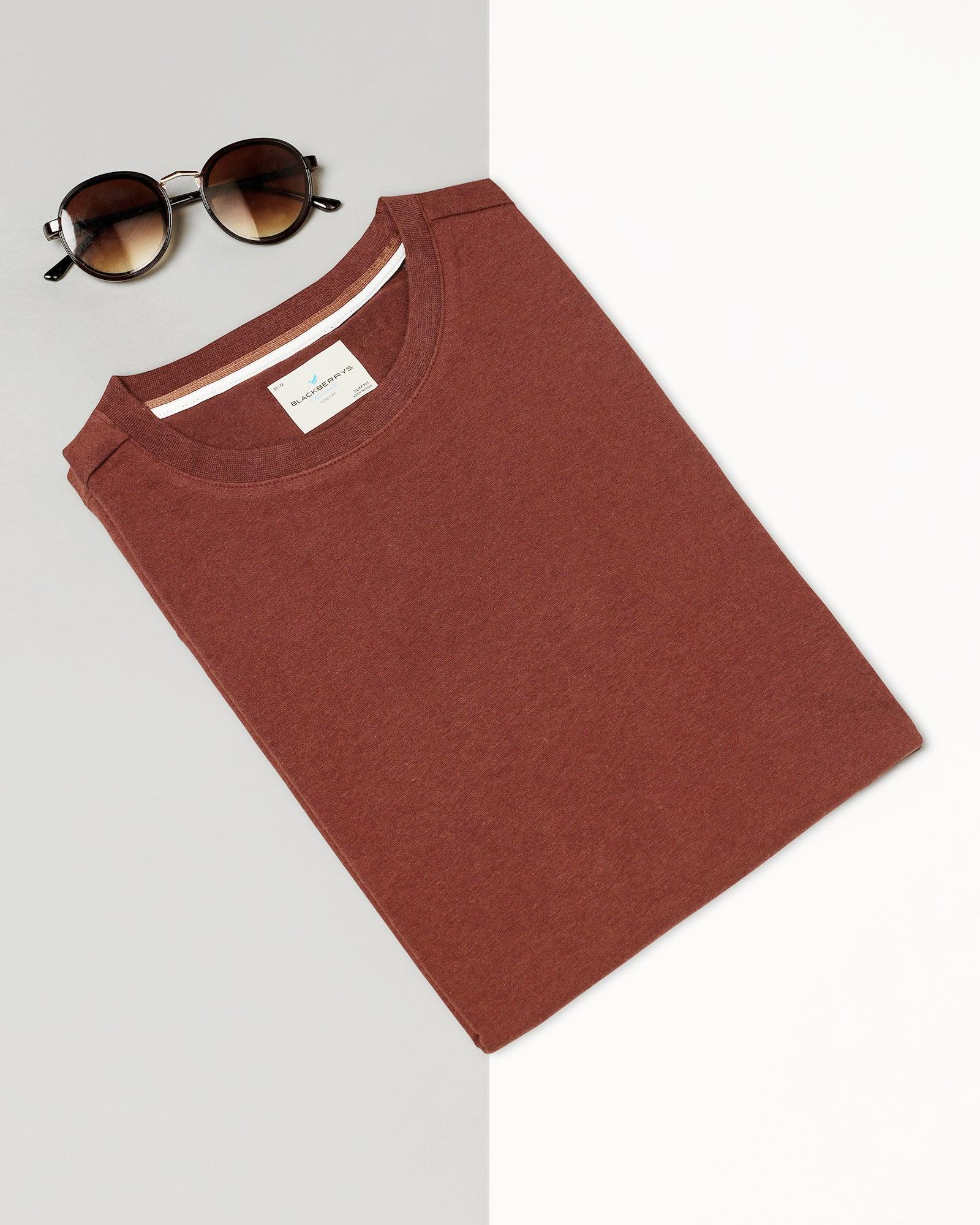 Crew Neck Brown Solid T-Shirt - Kai - Blackberrys