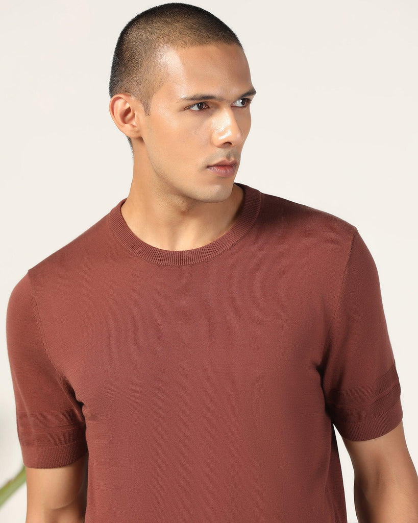 Crew Neck Brown Yarn Dyed T-Shirt - Miya