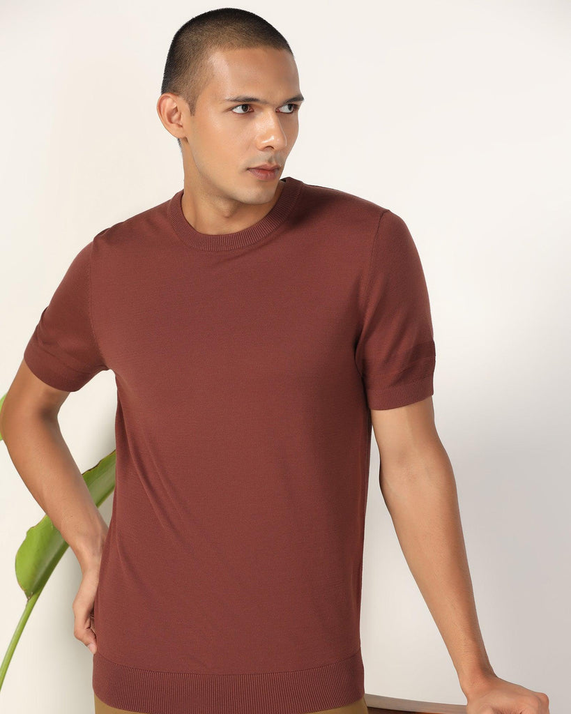 Crew Neck Brown Yarn Dyed T-Shirt - Miya