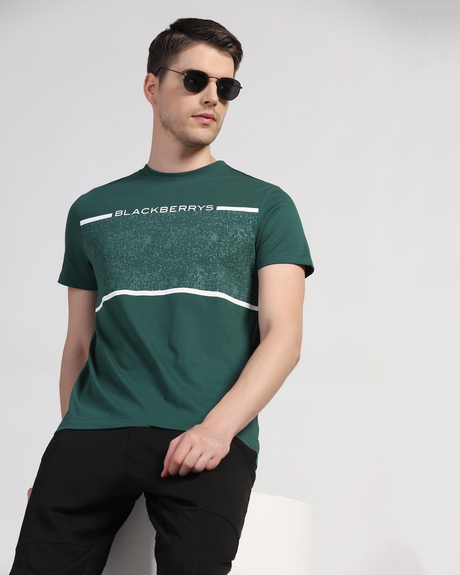 Crew Neck Hunter Green Printed T-Shirt - Peak - Blackberrys