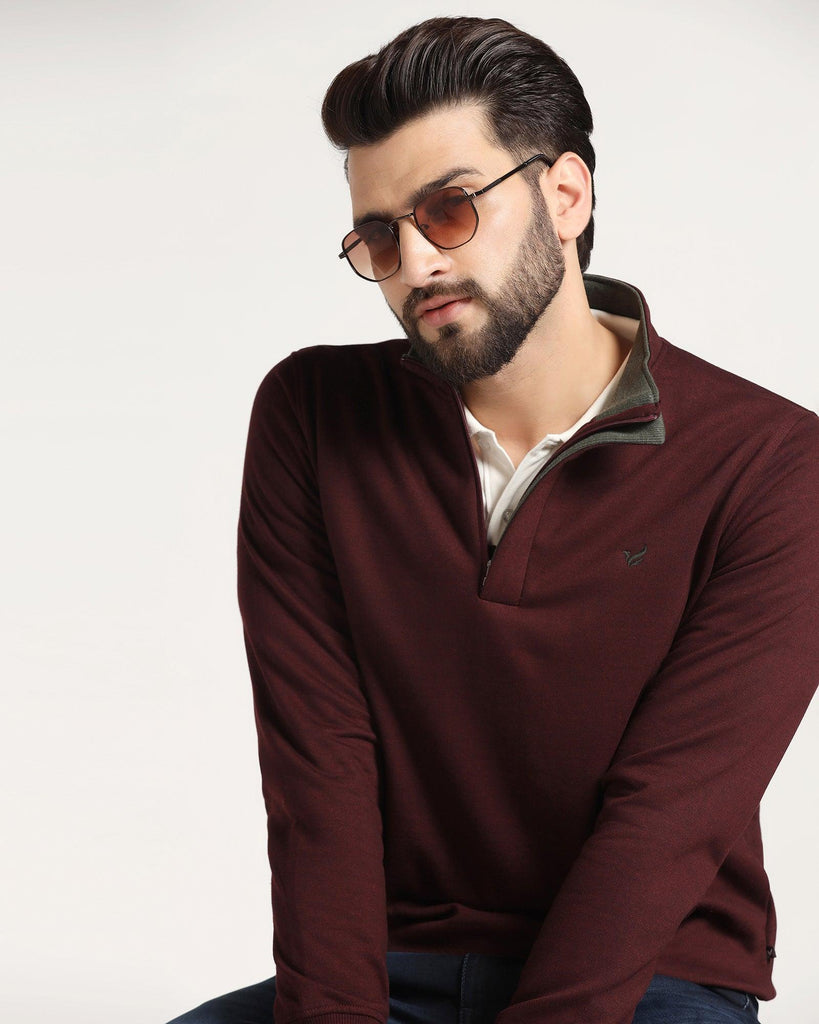 High Neck Maroon Melange Solid Sweatshirt - Pipper