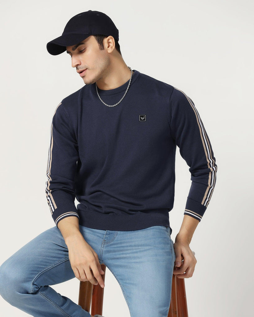 Crew Neck Navy Solid Sweater - Forge