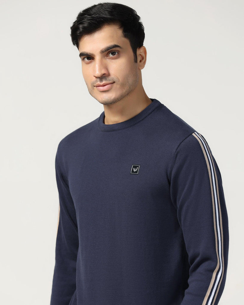 Crew Neck Navy Solid Sweater - Forge