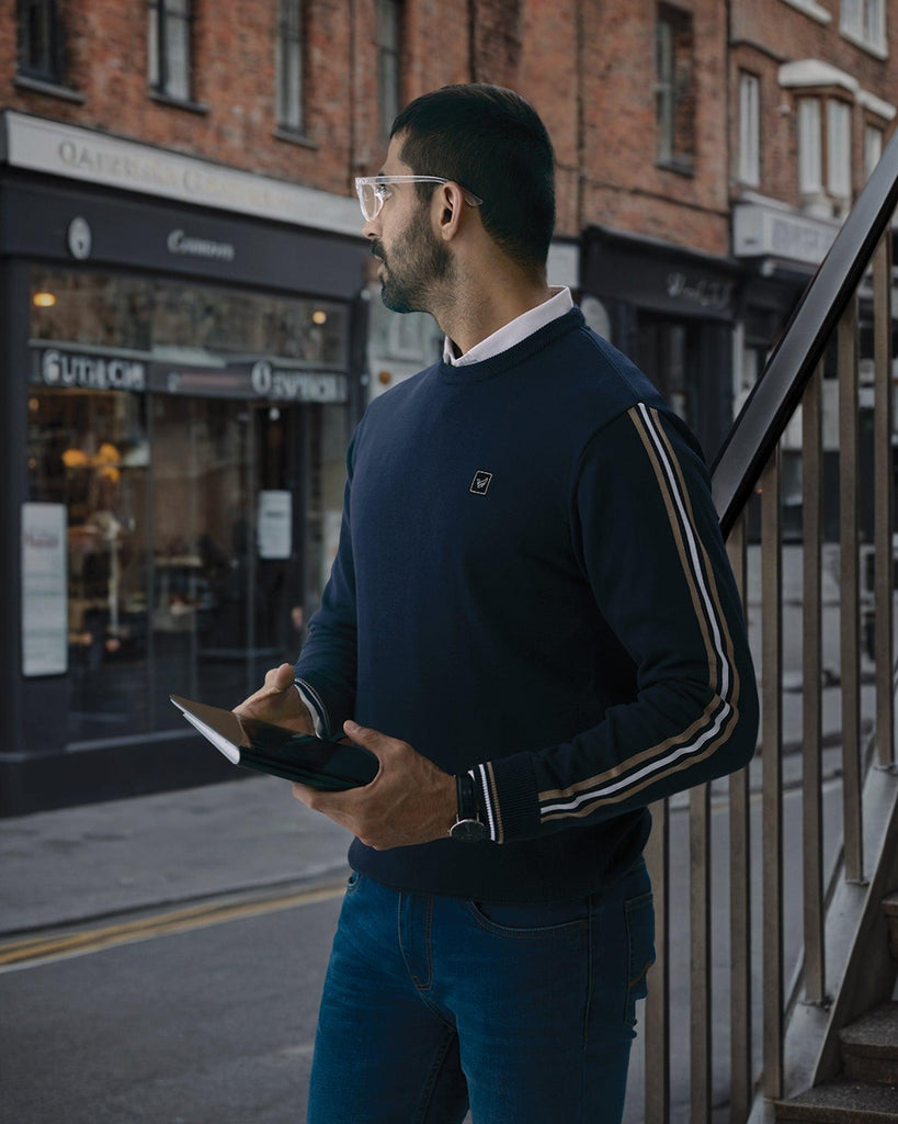 Crew Neck Navy Solid Sweater - Forge