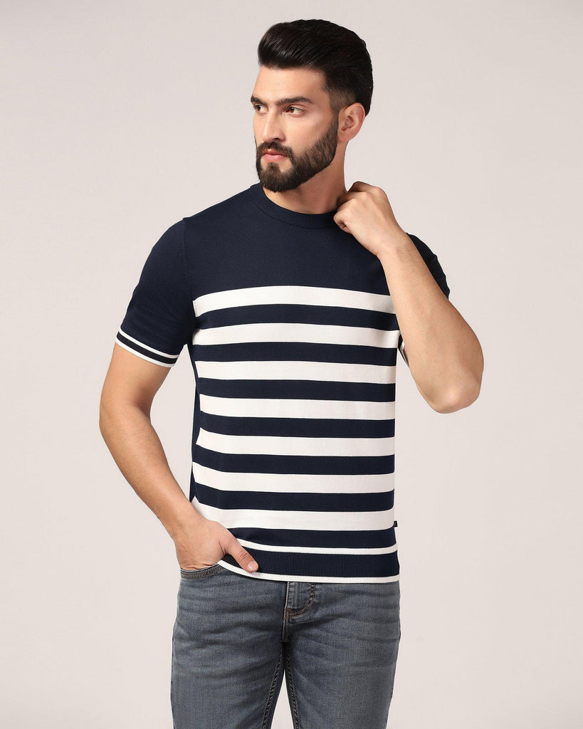 Crew Neck Navy Stripe T-Shirt - Rew