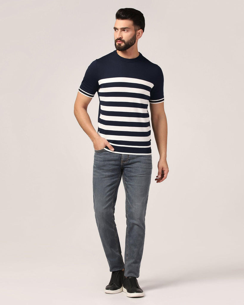 Crew Neck Navy Stripe T-Shirt - Rew