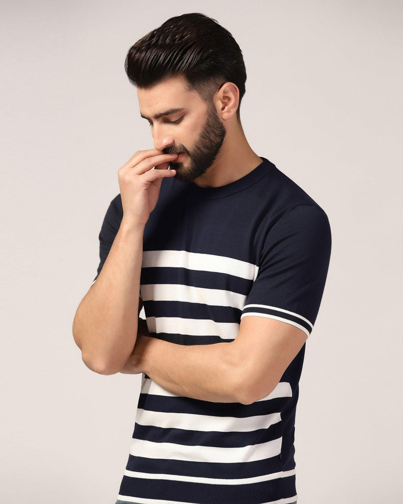 Crew Neck Navy Stripe T-Shirt - Rew