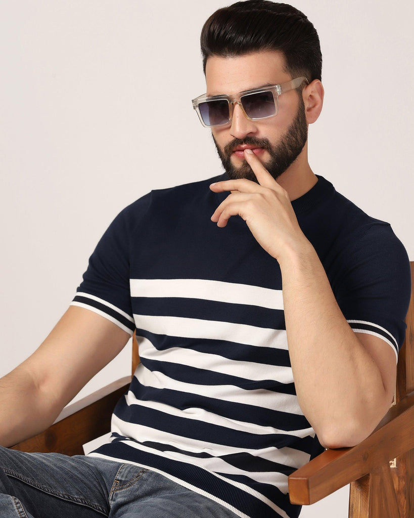 Crew Neck Navy Stripe T-Shirt - Rew