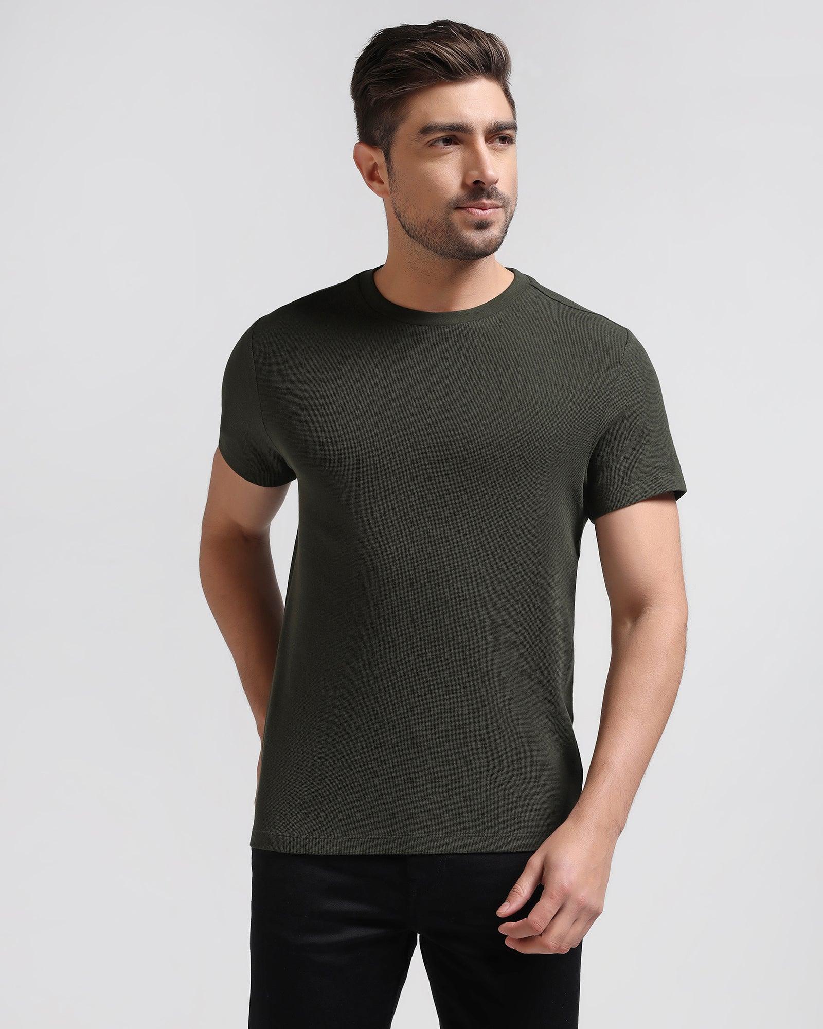 Crew Neck Olive Textured T-Shirt - Dae