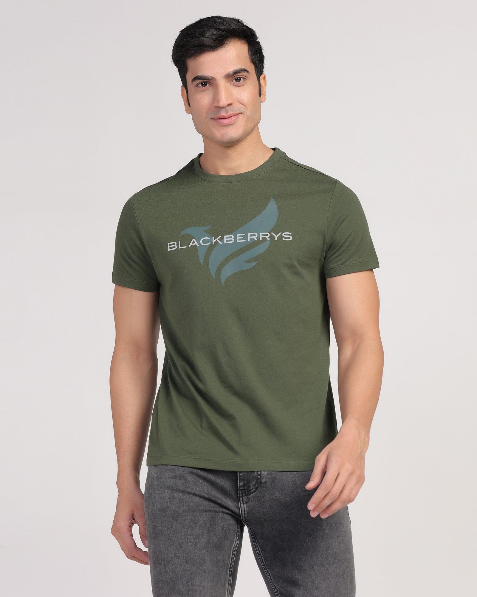 Buy Crew Neck Olive Green Printed T-Shirt Dote Online