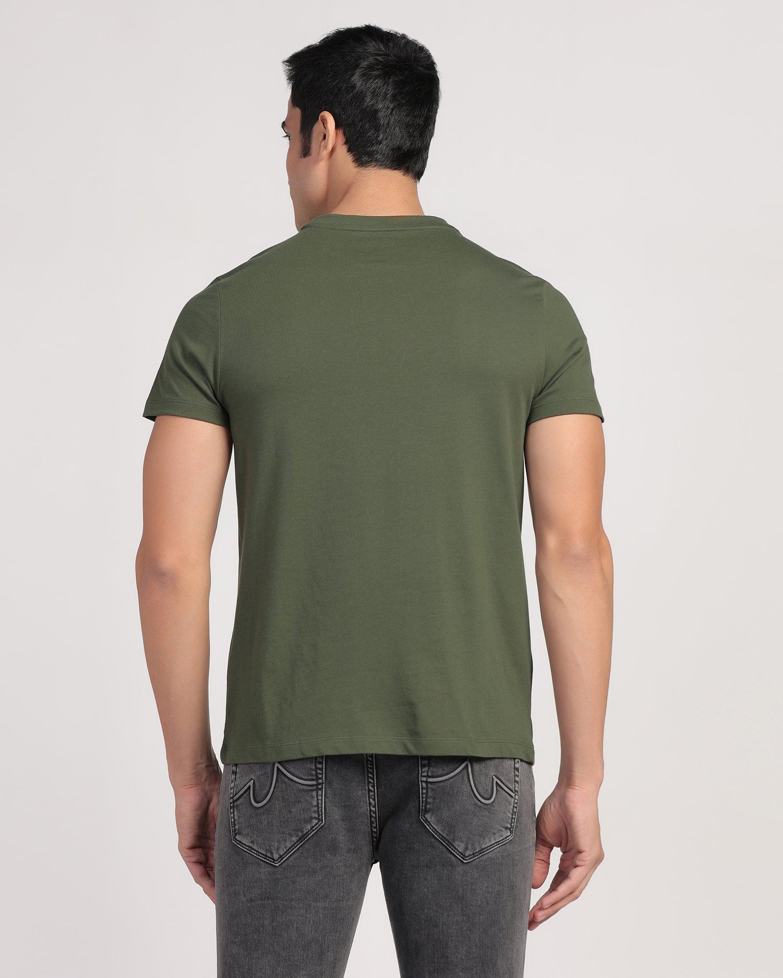Crew Neck Olivee Green Printed T-Shirt - Dote - Blackberrys
