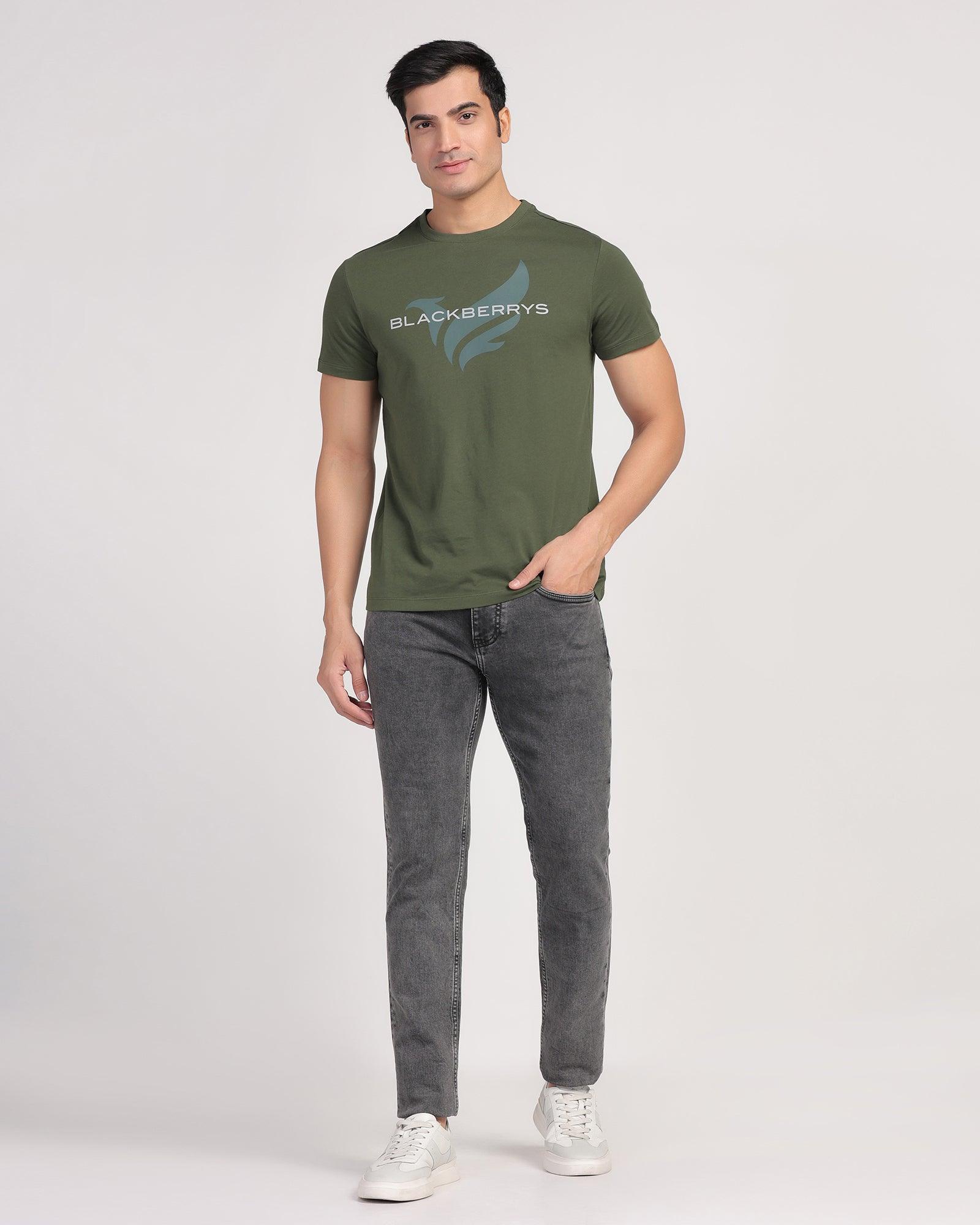 Crew Neck Olivee Green Printed T-Shirt - Dote - Blackberrys